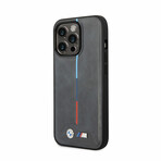 M Collection // Quilted Vegan Leather iPhone Case // Hot Stamped Tricolor Stripe + Metal Logos // Gray (iPhone 14)