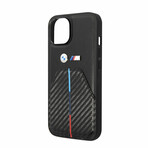 M Collection // Quilted Vegan Leather Carbon iPhone Case // Hot Stamped Tricolor Stripe + Metal Logos (iPhone 14)