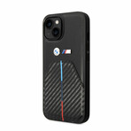 M Collection // Quilted Vegan Leather Carbon iPhone Case // Hot Stamped Tricolor Stripe + Metal Logos (iPhone 14)