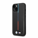 M Collection // Quilted Vegan Leather iPhone Case // Hot Stamped Tricolor Stripe + Metal Logos // Black (iPhone 14)