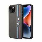 M Collection // Vegan Leather Mesh iPhone Case // Printed Tricolor Lines + Metal Logos // Gray (iPhone 14)