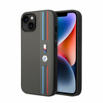 M Collection // Vegan Leather Mesh iPhone Case // Printed Tricolor Lines + Metal Logos // Gray (iPhone 14)