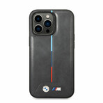 M Collection // Quilted Vegan Leather iPhone Case // Hot Stamped Tricolor Stripe + Metal Logos // Gray (iPhone 14)