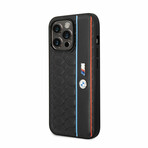 M Collection // Vegan Leather iPhone Case // Hexagonal Pattern + Smooth PU Stripe + Metal Logos (iPhone 14)