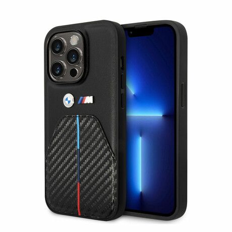 M Collection // Quilted Vegan Leather Carbon iPhone Case // Hot Stamped Tricolor Stripe + Metal Logos (iPhone 14)