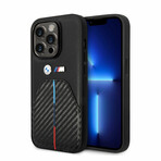 M Collection // Quilted Vegan Leather Carbon iPhone Case // Hot Stamped Tricolor Stripe + Metal Logos (iPhone 14)