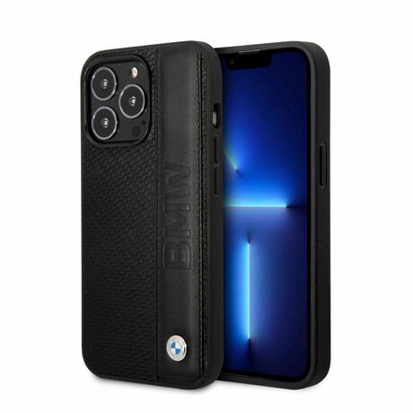 Leather Signature Collection // Genuine Leather iPhone Case // Textured + Big Logo Stripe // Black (iPhone 14)