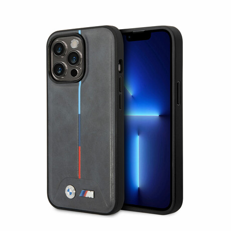 M Collection // Quilted Vegan Leather iPhone Case // Hot Stamped Tricolor Stripe + Metal Logos // Gray (iPhone 14)