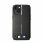 M Collection // Quilted Vegan Leather iPhone Case // Hot Stamped Tricolor Stripe + Metal Logos // Black (iPhone 14)