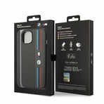 M Collection // Vegan Leather Mesh iPhone Case // Printed Tricolor Lines + Metal Logos // Gray (iPhone 14)