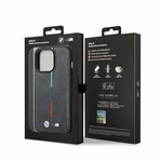 M Collection // Quilted Vegan Leather iPhone Case // Hot Stamped Tricolor Stripe + Metal Logos // Gray (iPhone 14)