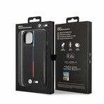 M Collection // Quilted Vegan Leather iPhone Case // Hot Stamped Tricolor Stripe + Metal Logos // Black (iPhone 14)