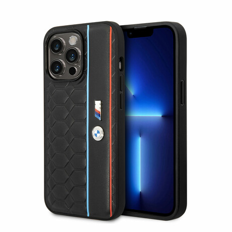 M Collection // Vegan Leather iPhone Case // Hexagonal Pattern + Smooth PU Stripe + Metal Logos (iPhone 14)