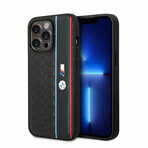 M Collection // Vegan Leather iPhone Case // Hexagonal Pattern + Smooth PU Stripe + Metal Logos (iPhone 14)