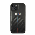 M Collection // Quilted Vegan Leather Carbon iPhone Case // Hot Stamped Tricolor Stripe + Metal Logos (iPhone 14)