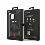 M Collection // Quilted Vegan Leather Carbon iPhone Case // Hot Stamped Tricolor Stripe + Metal Logos (iPhone 14)