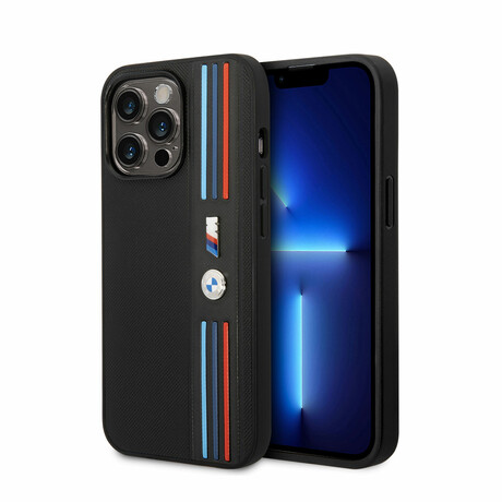 M Collection // Vegan Leather Mesh iPhone Case // Printed Tricolor Lines + Metal Logos // Black (iPhone 14)