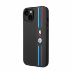 M Collection // Vegan Leather Mesh iPhone Case // Printed Tricolor Lines + Metal Logos // Black (iPhone 14)