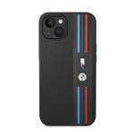 M Collection // Vegan Leather Mesh iPhone Case // Printed Tricolor Lines + Metal Logos // Black (iPhone 14)