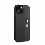 M Collection // Vegan Leather Mesh iPhone Case // Printed Tricolor Lines + Metal Logos // Black (iPhone 14)