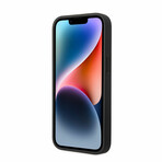 M Collection // Vegan Leather Mesh iPhone Case // Printed Tricolor Lines + Metal Logos // Black (iPhone 14)