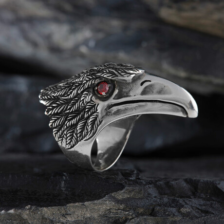 Crow Design Red Eyes Silver Ring (9)