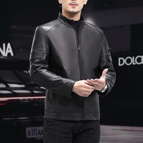 Racer with Arm Details Leather Jacket // Black (M)