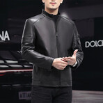 Racer with Arm Details Leather Jacket // Black (XL)