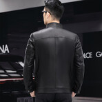 Racer with Arm Details Leather Jacket // Black (3XL)