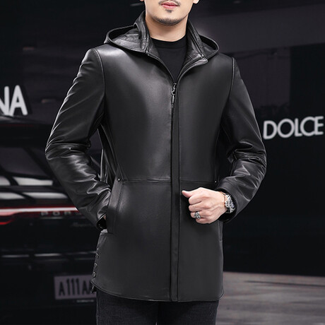 Fit Hooded Leather Coat // Black (M)