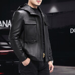 Hooded Utility Leather Jacket // Black (L)