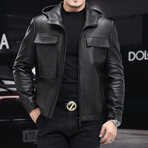Hooded Utility Leather Jacket // Black (3XL)