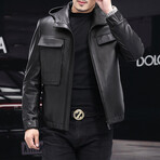 Hooded Utility Leather Jacket // Black (L)