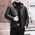 Hooded Biker Leather Jacket // Black (L)