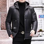 Hooded Utility Puffer Leather Jacket // Black (L)
