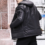 Hooded Utility Puffer Leather Jacket // Black (4XL)