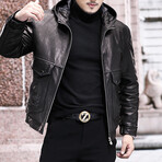 Hooded Biker Leather Jacket // Black (4XL)