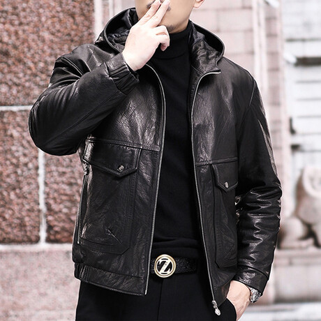 Hooded Biker Leather Jacket // Black (M)