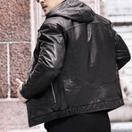 Hooded Biker Leather Jacket // Black (XL)