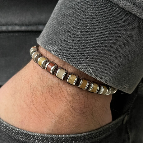 Cylinder Beaded Bracelet // Natural + Silver