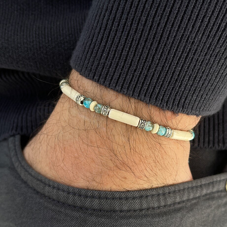 Natural Stone Beaded Bracelet // Turquoise + Tan + Silver