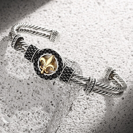 Zircon Fleur de Lis Bangle Bracelet // Silver + Black + Gold