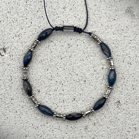Oval Beaded Wrap Bracelet // Blue + Silver