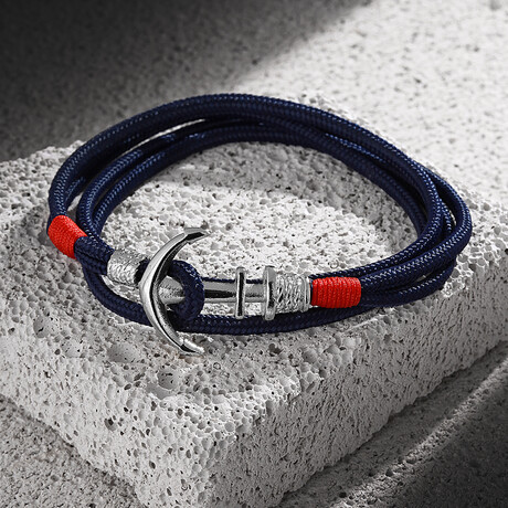 Macrame Anchor Wrap Bracelet // Navy Blue + Red