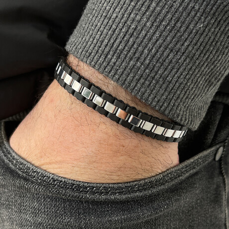 Box Chain Beaded Wrap Bracelet // Matte Black + Silver