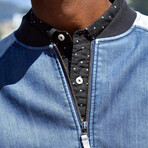 Varsity Ultrasuede Jacket in Denim // Blue + Gray (XL)