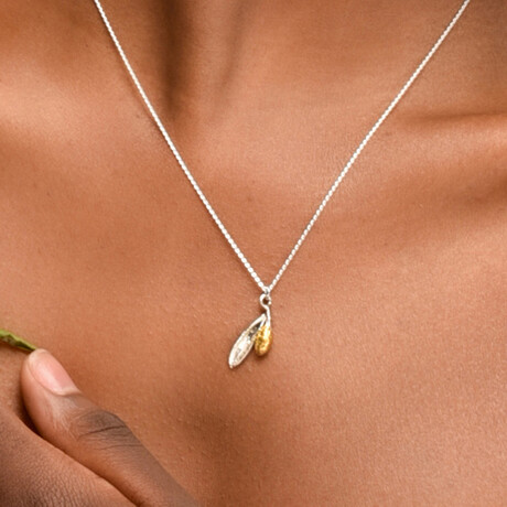 Pendant Sterling Silver Olive Leaf + 14K Gold Filled Plated Olive Fruit Necklace