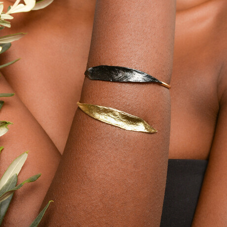Olive Leaf Cuff Bracelet In Gold Plated + Rhodium Plated Sterling Silver