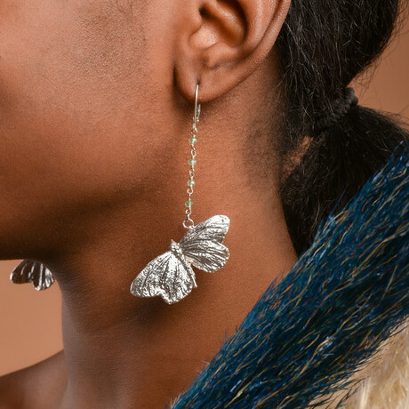 Real Butterfly Earrings Made Of Recycled Sterling Silver + Green Peridot Natural Stones