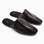 Men's Crocodile Embossed Leather Slippers // Fur // Black (US: 6)